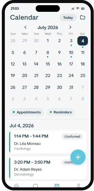 DocToc calendar screen for booking and scheduling an appointment