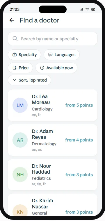 DocToc screen for finding and browsing verified doctors by specialty.